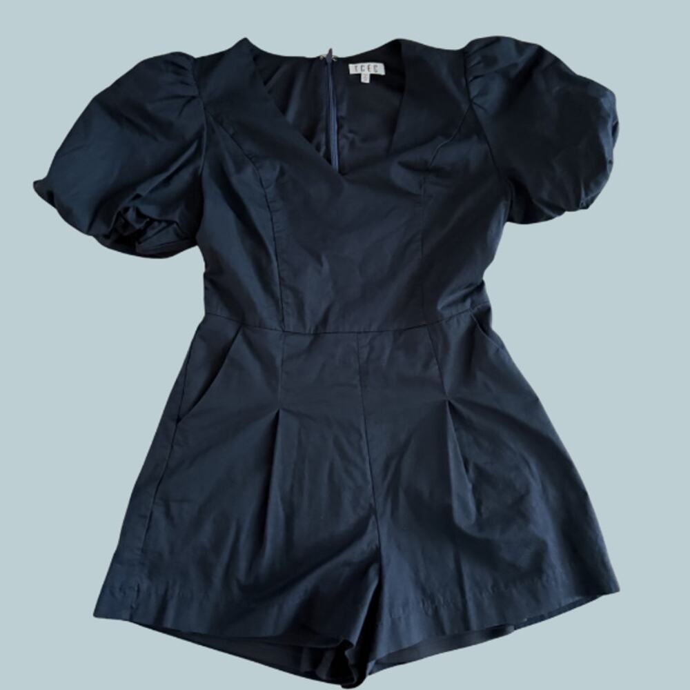 TCEC Navy Blue Puff Sleeve Sweetheart Neck Shorts Romper Size Medium